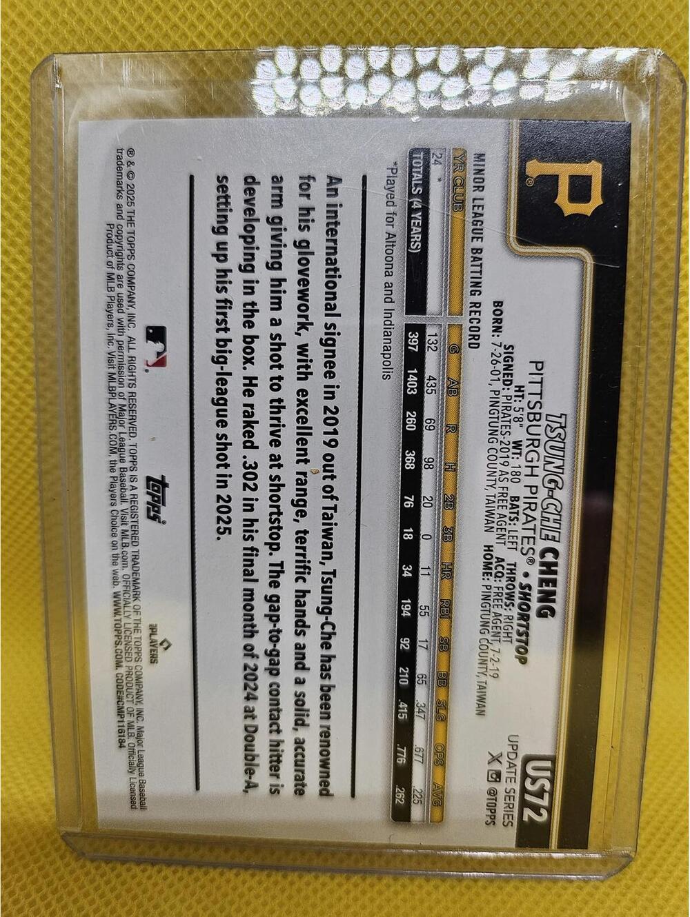 Tsung-Che Chang (RC) 2025 Topps Update  #US72 - Pirates - RAW Mint - Picture 2 of 2